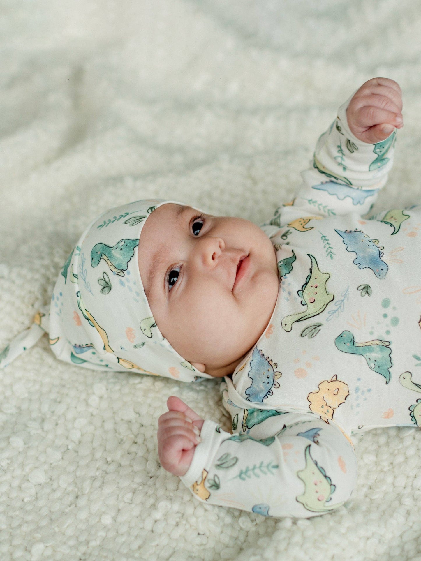 Knotted Organic Cotton Gown & Beanie Set - Dino