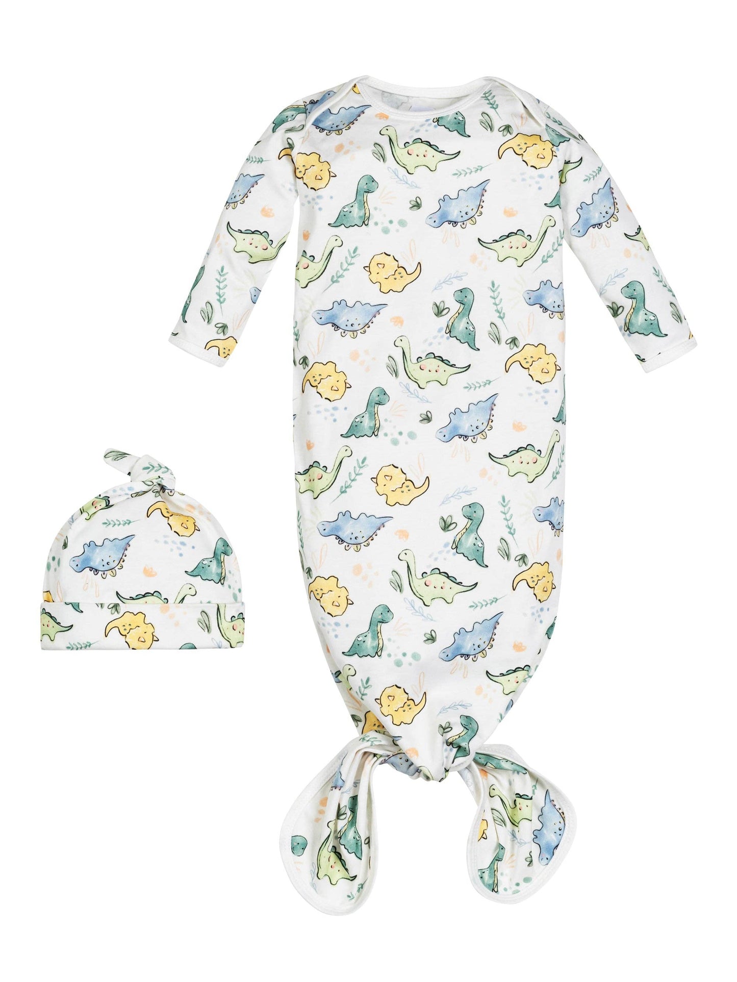 Knotted Organic Cotton Gown & Beanie Set - Dino