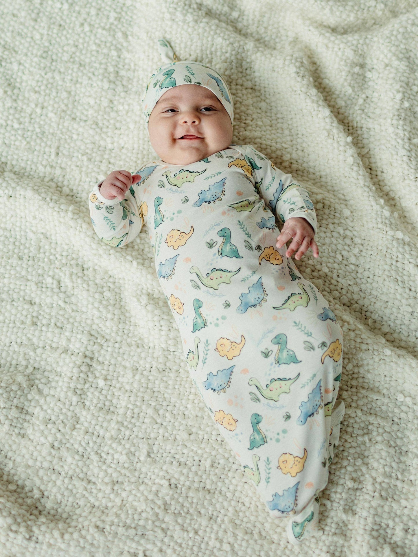 Knotted Organic Cotton Gown & Beanie Set - Dino