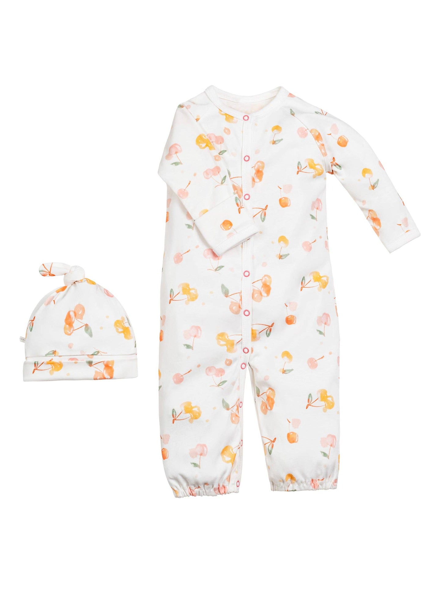 Organic Cotton Convertible Romper & Beanie Set - Cherry Picking