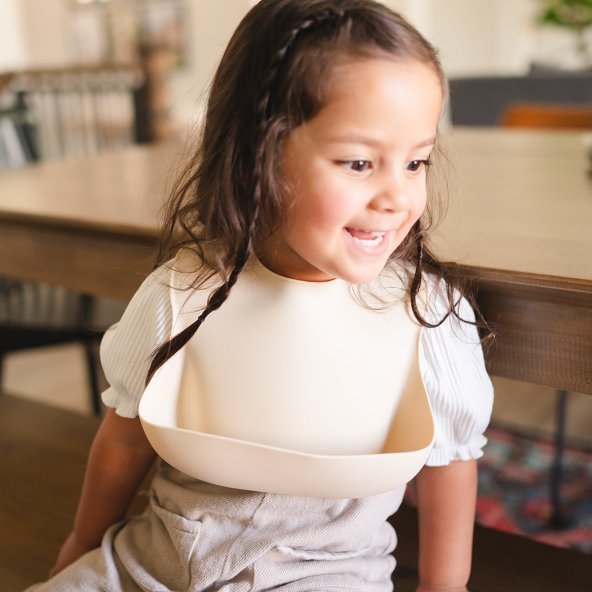 Food grade silicone bucket bib baby toddler sand ivory neutral