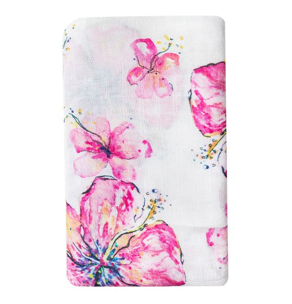Pink Hibiscus Kiss floral cotton muslin swaddle blanket lovey baby by Cocomoon Hawaii