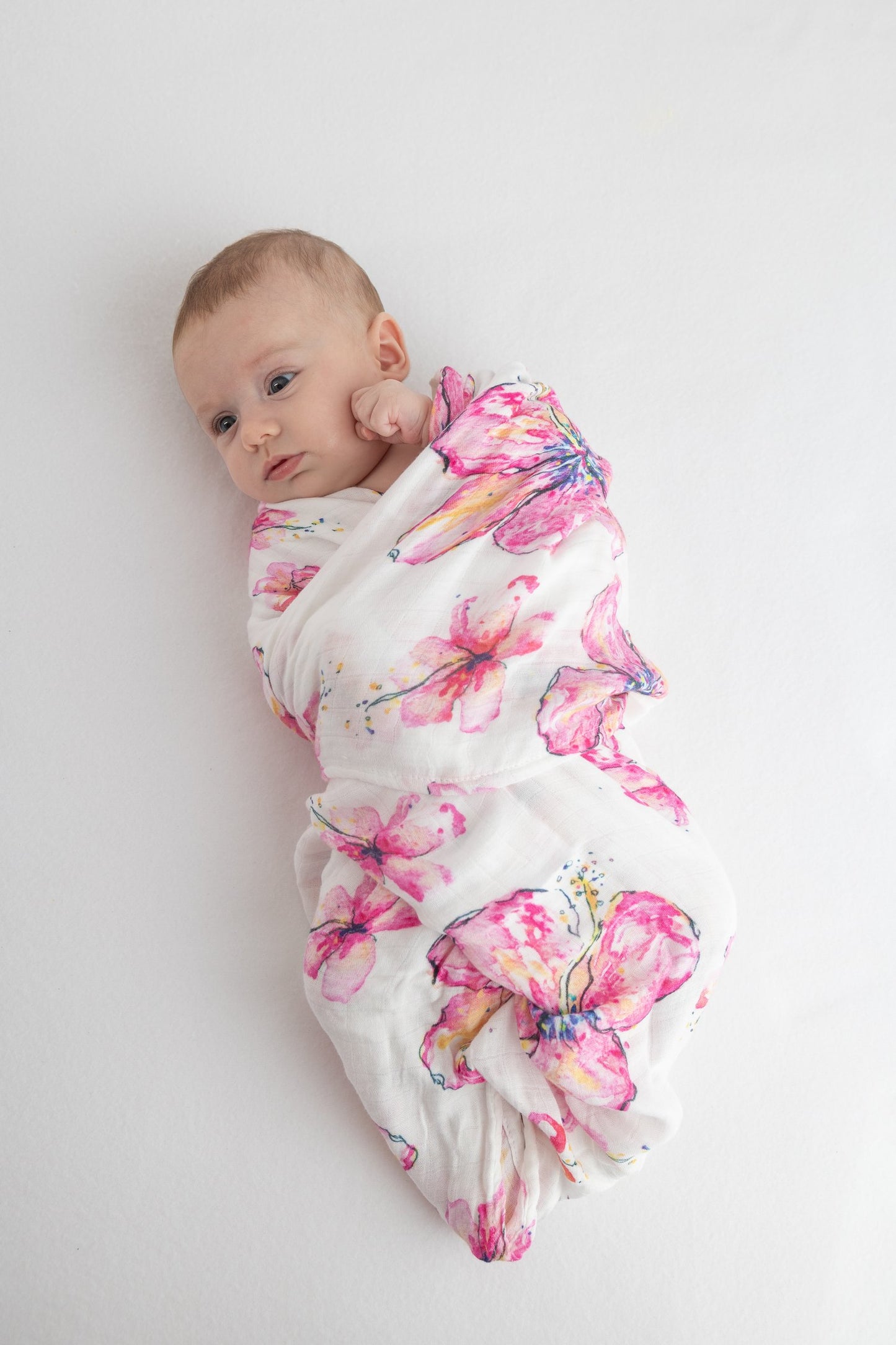 Pink hibiscus kiss floral cotton muslin swaddle blanket lovey baby by Cocomoon Hawaii