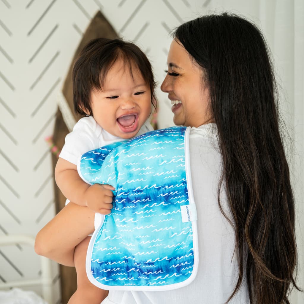 Blue and white nalu wave bamboo fleece baby burp cloth