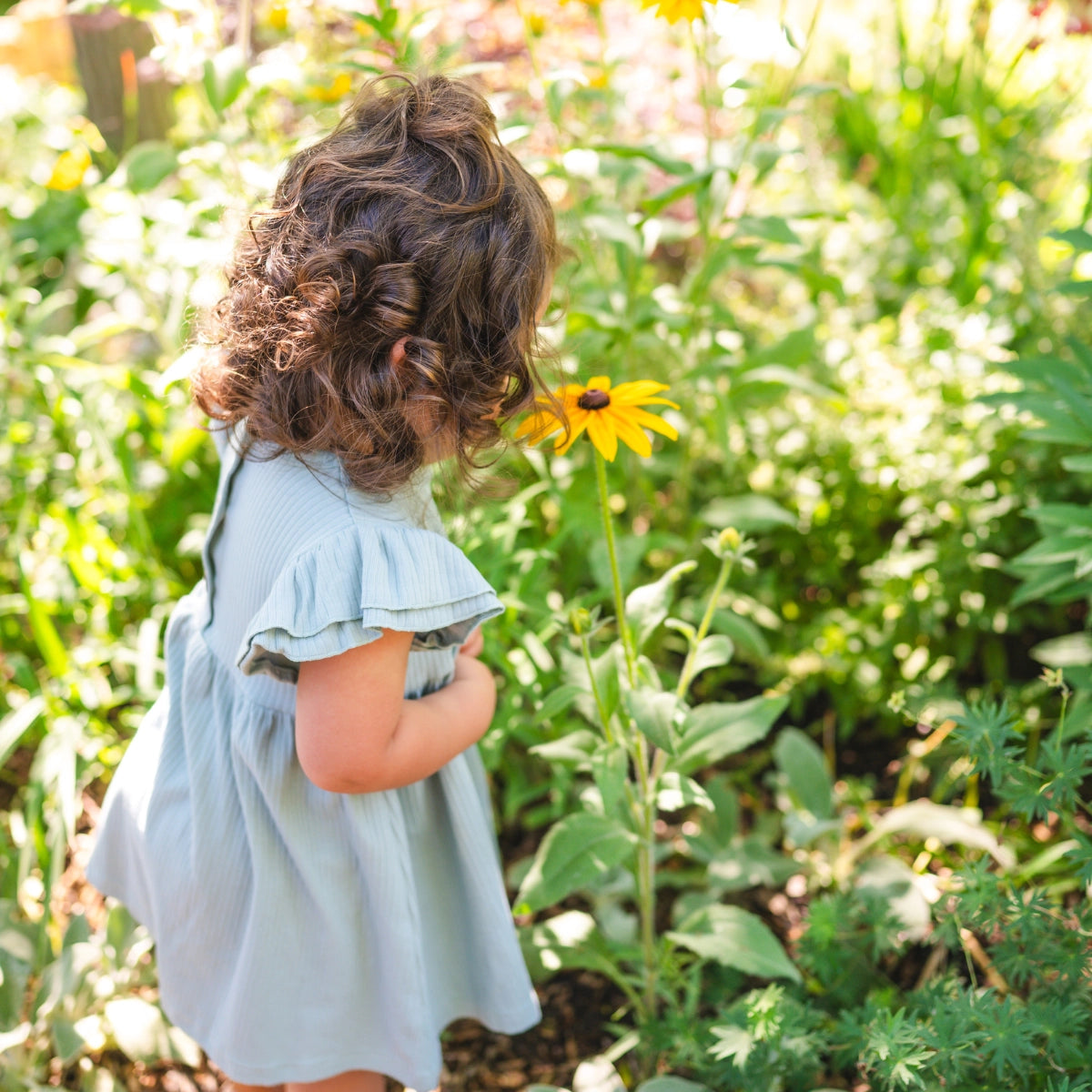 organic cotton robin egg blue ruffle sleeve kid dress