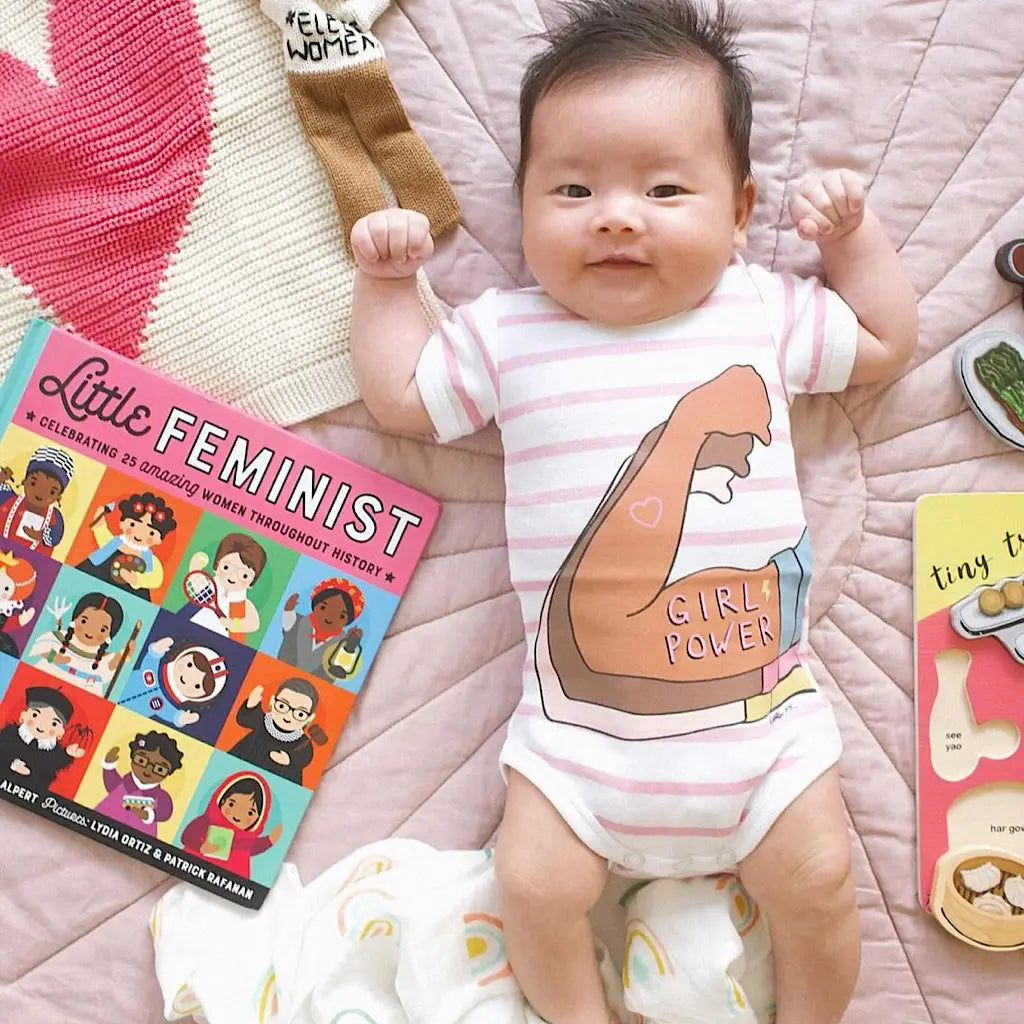 Pink Striped Diverse Girl Power Baby Onesie