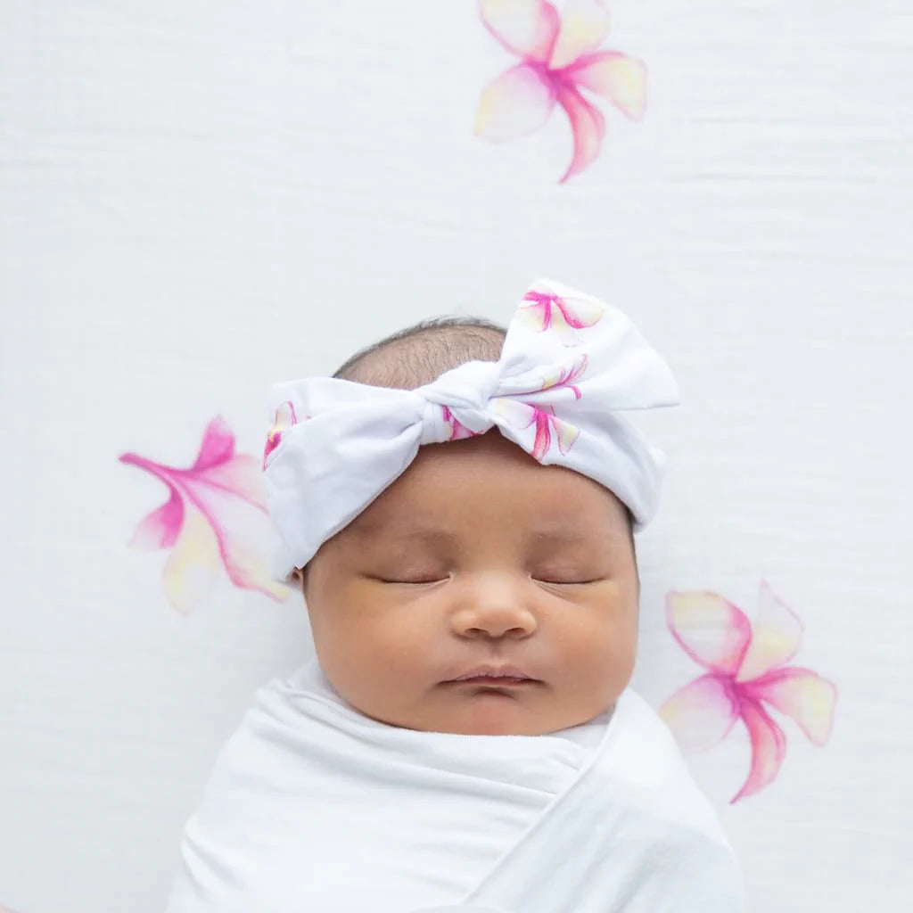 Pink Plumeria Floral Bow Bamboo Newborn Headband by Cocomoon Hawaii