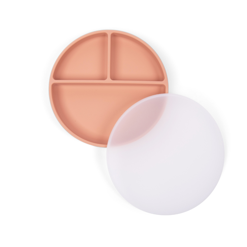 food grade silicone toddler clay suction plate with lid beige neutral