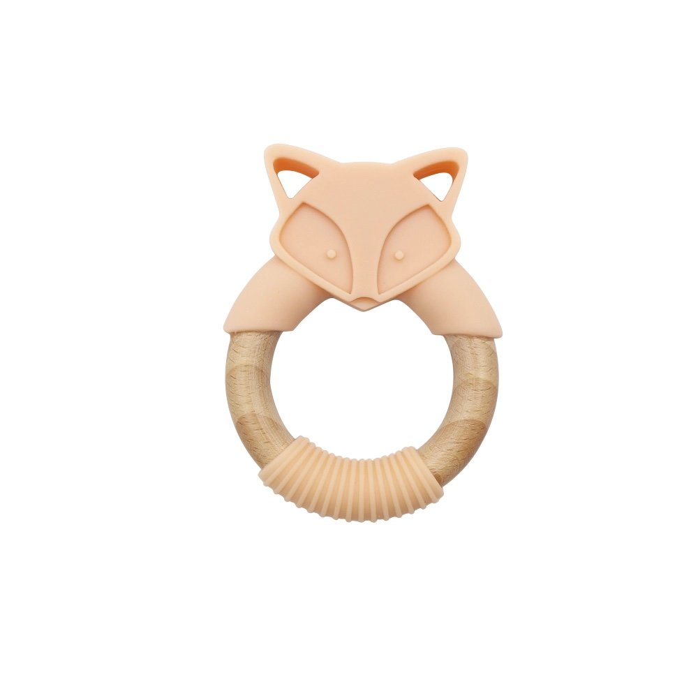 Food grade peach silicone and beech wood fox baby teether neutral beige