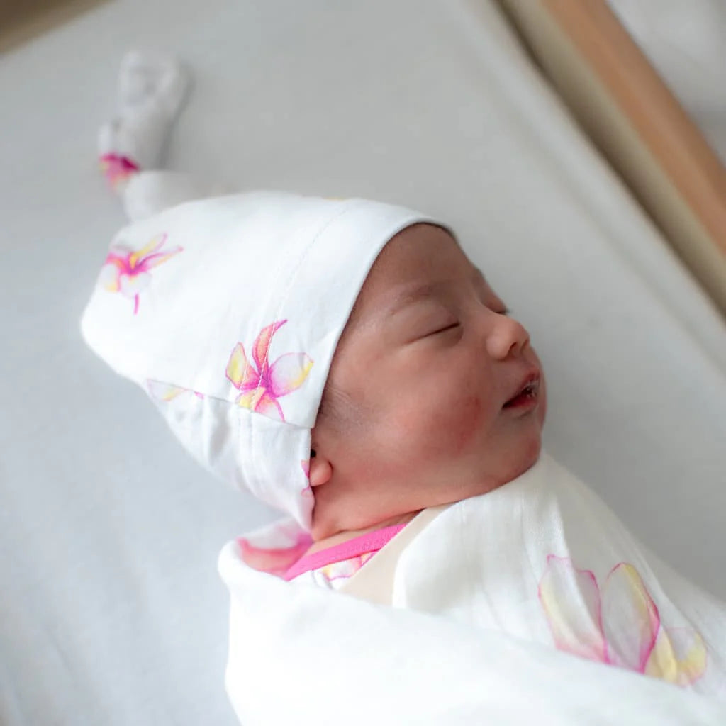 Plumeria Pink Flower Bamboo Newborn knotted Hat by Cocomoon Hawaii