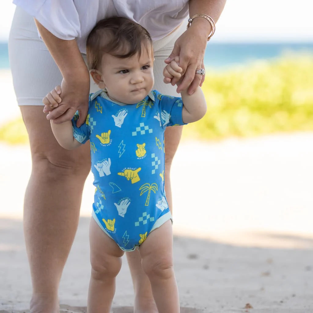 Blue Geometric Shaka Code Baby Onesie by Cocomoon Hawaii