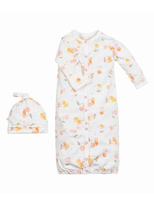 Organic Cotton Convertible Romper & Beanie Set - Cherry Picking