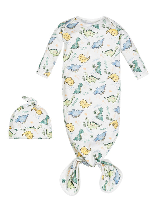 Knotted Organic Cotton Gown & Beanie Set - Dino