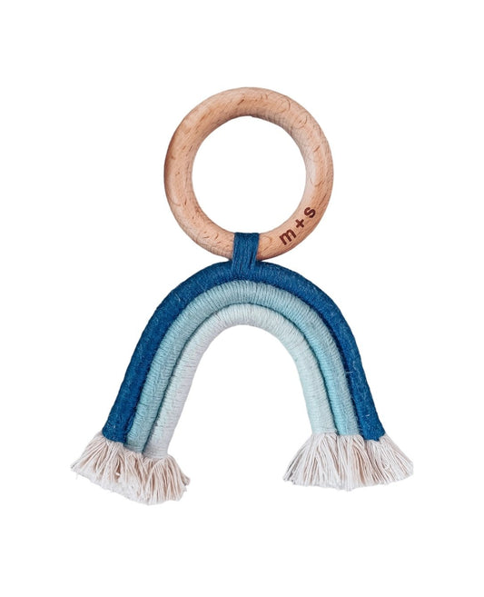 Organic cotton and beech wood blue rainbow baby teether