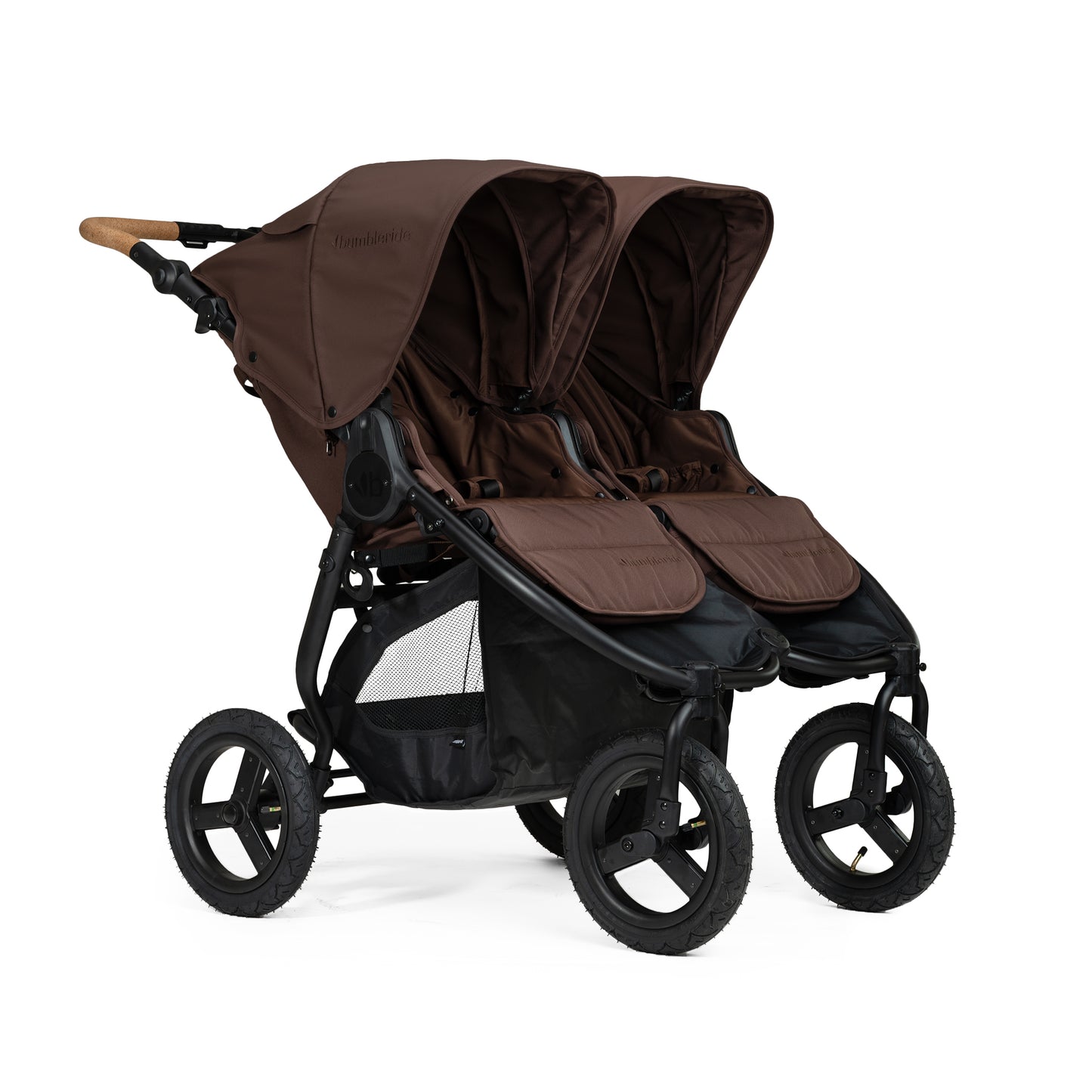 Brown and black double side by side stroller on a white background