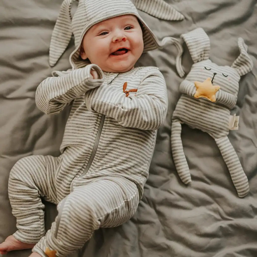 Organic Cotton Stripe Baby Bunny Zipper Pajama with hat and stuffed animal