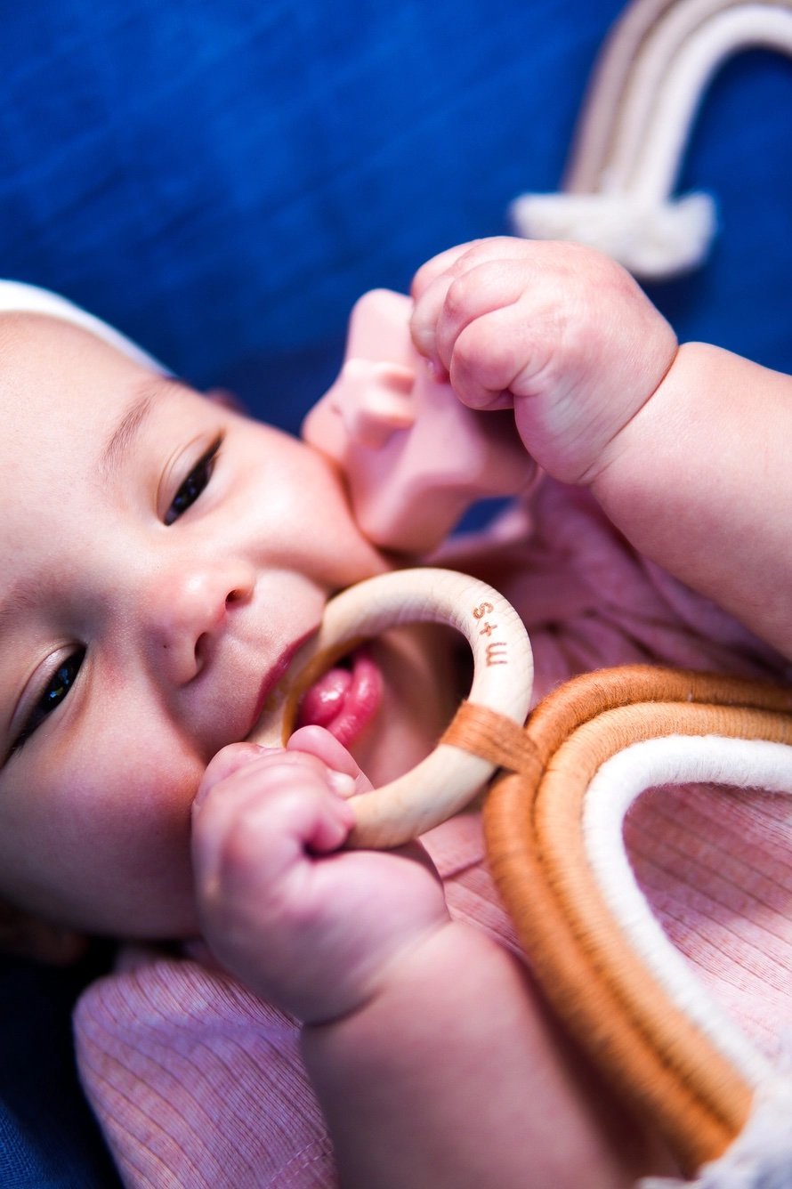 Organic cotton and beech wood orange rainbow baby teether