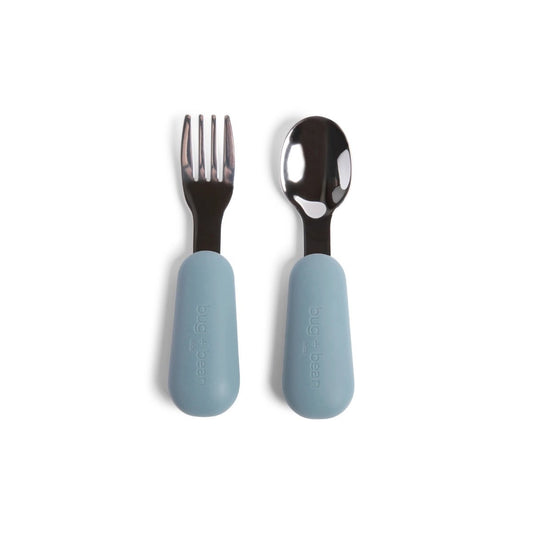 first fork and spoon with gift box, silicone pebble blue and stainless steel
