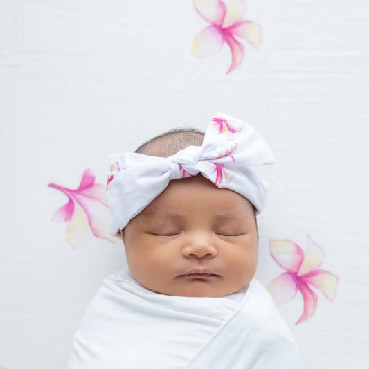 Pink Plumeria Floral Bow Bamboo Newborn Headband by Cocomoon Hawaii