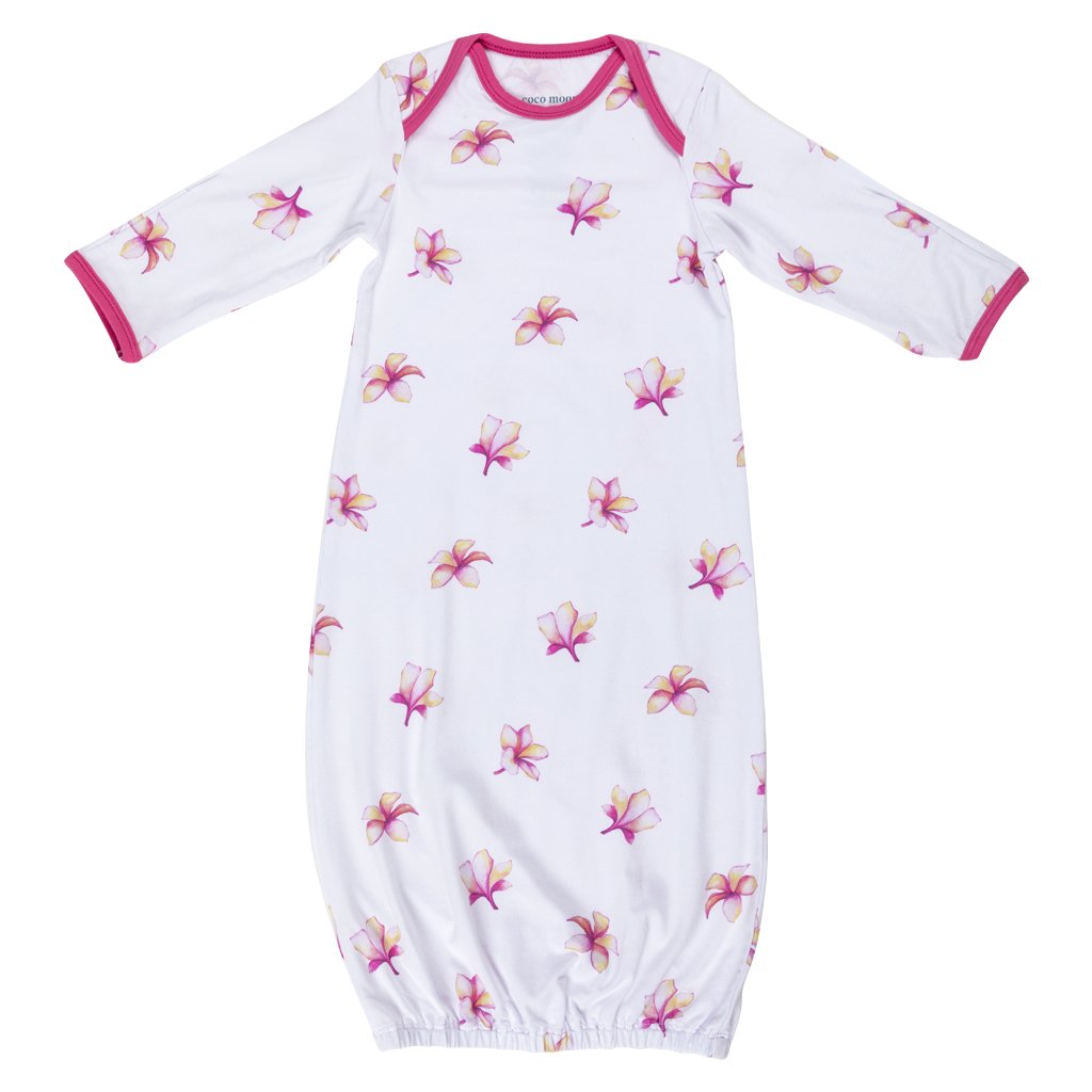 Pink Plumeria Flower Bamboo Newborn Layette Gown by Cocomoon Hawaii
